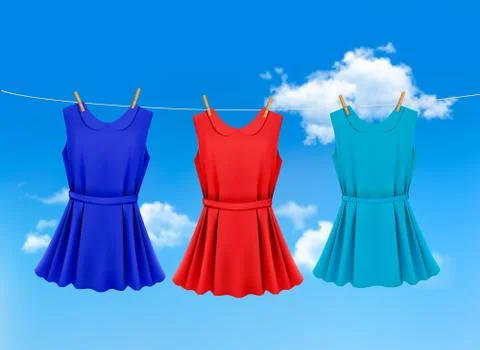 Set of colored dresses hanging on a clothesline on a sunny day. vector illust Stock Illustration