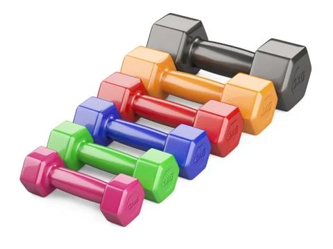 Set of colored dumbbells for a exercise and fitnes. Isolated on a white backg Stock Illustration