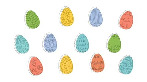 Set of Colored Easter eggs with patterns. Continuous one line drawing. Illust Stock Illustration