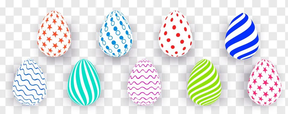 Set of colored Easter eggs on a transparent background. Vibrant colors and Stock Illustration