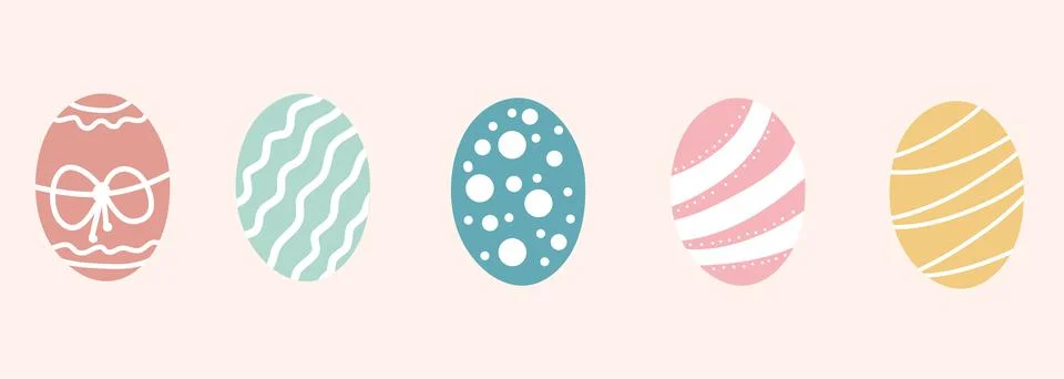 Set of colored eggs decorated for Easter holiday. Pink blue yellow pastel col Illustrazione stock
