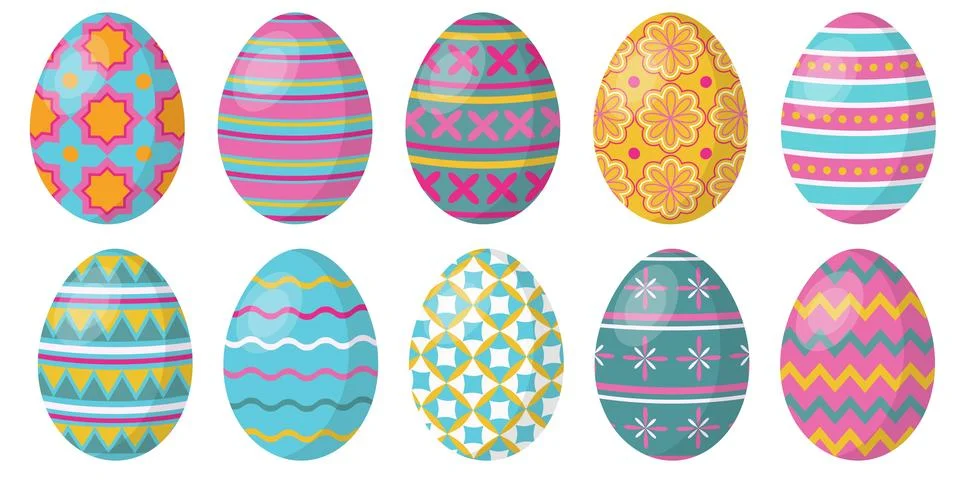 Set of colored eggs with decorative patterns. Stock Illustration