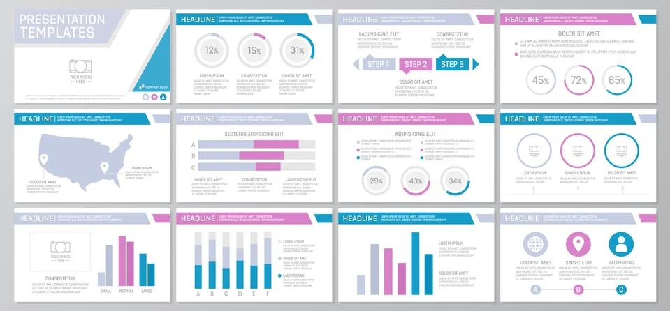 Set of colored elements for multipurpose presentation template slides with 库存插图