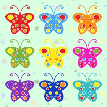 Set of colored flat isolated butterflies. Abstract and bright flyers. Stock Illustration