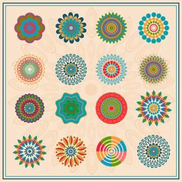 Set colored floral circular elements ornament Stock Illustration