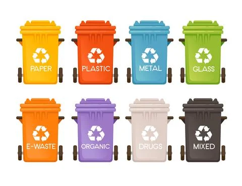 Set of colored garbage bins trash cans for different types of waste vector Stock Illustration