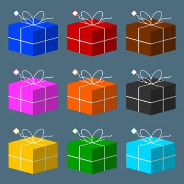 Set of Colored Gift Boxes with Bow isolated on gray background. Vector. 스톡 일러스트