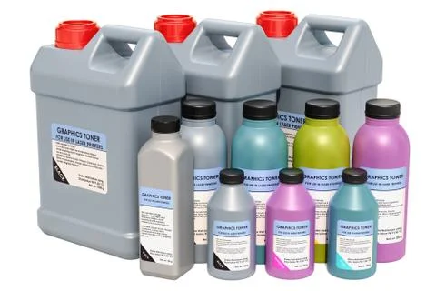 Set of colored graphics toner in the bottles for use in laser printers, 3D re Illustrazione stock