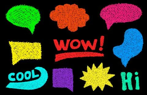 Set of colored grunge doodle hand drawn text bubbles and stickers isolated on Illustration