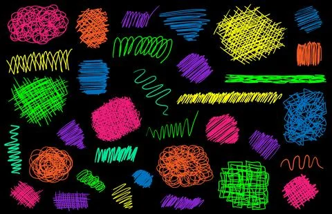 Set of colored grunge doodle hand drawn textures and curves isolated on black. Stock-Illustration