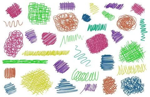 Set of colored grunge doodle hand drawn textures and curves isolated on white. Stock-Illustration