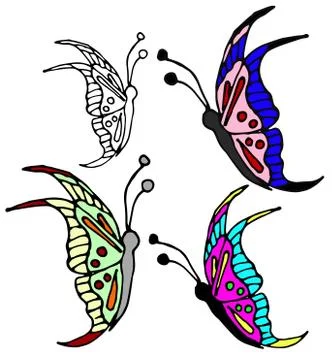 Set of colored hand-drawn butterflies. Stock Illustration