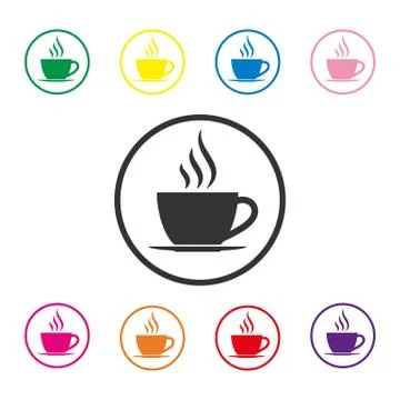 Set of colored hot coffee Cup icons in a circle Stock Illustration