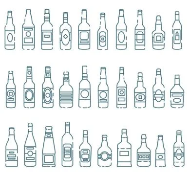Set of colored icons of alcoholic drinks' bottles. Vector isolated outline illus Stock Illustration