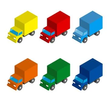 Set of colored isometric 3d cargo trucks. Stock Illustration
