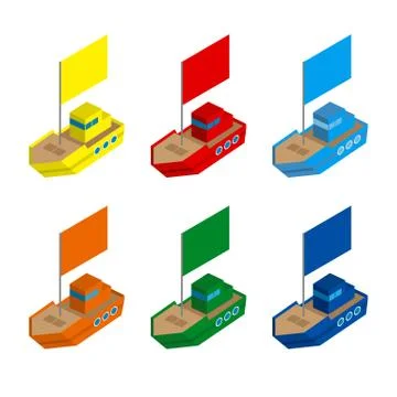 Set of colored isometric 3d toy ships with flags Stockillustratie