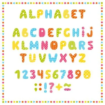 Set of colored letters and numbers. Childrens alphabet. Font for kids. Bright Stock Illustration