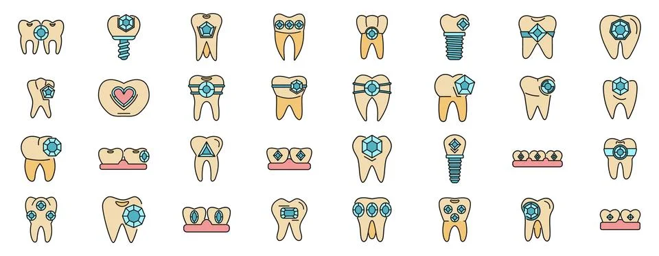 Set of colored linear icons of tooth gems, grillz, implants and other teeth Illustrazione stock