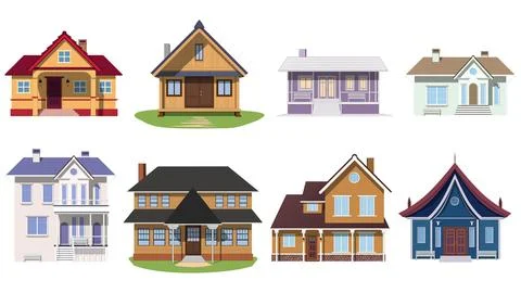 Set of colored mansion and private houses isolated on white background. Stock Illustration