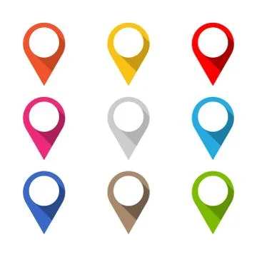 Set of colored map pointers with long shadow. Isolated 스톡 일러스트