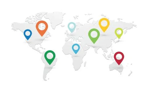 Set of colored map pointers with world map isolated Stock Illustration