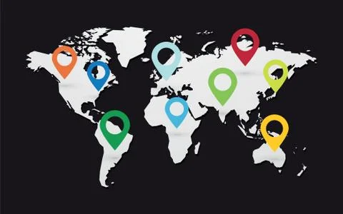 Set of colored map pointers with world map on black background Stock Illustration