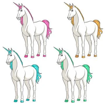 Set of colored multi-colored unicorns. Isolated vector objects. Stock Illustration