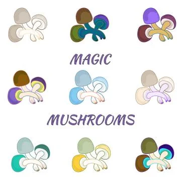 Set with colored mushrooms. Beautiful single multi-colored mushrooms on a whi Stock Illustration