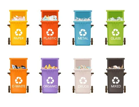 Set of colored opened garbage bins trash cans for different types of waste Stock Illustration