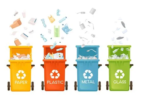 Set of colored opened garbage bins trash cans for different types of waste Stock Illustration