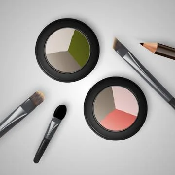 Set colored pallets with eye shadows, brushes for eye makeup and eyeliner. Stock Illustration