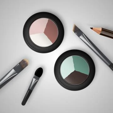 Set colored pallets with eye shadows, brushes for eye makeup and eyeliner. Stock Illustration