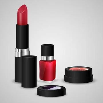 Set colored pallets with eye shadows, brushes for eye makeup and eyeliner. Illustrazione stock