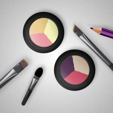 Set colored pallets with eye shadows, brushes for eye makeup and eyeliner. Stock Illustration