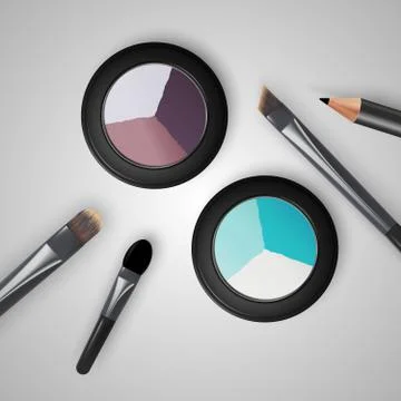 Set colored pallets with eye shadows, brushes for eye makeup and eyeliner. Stock Illustration