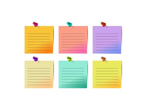 Set of colored paper notes with thumbtacks isolated on white background inclu Stock Illustration