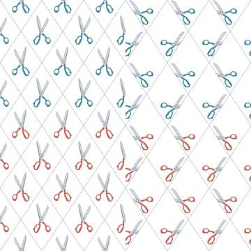Set of colored patterns with scissors and cutting line. Four vector background. Illustrazione stock
