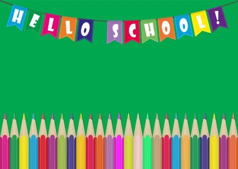 Set of colored Pencils and colored flags with the inscription Hello School. 스톡 일러스트