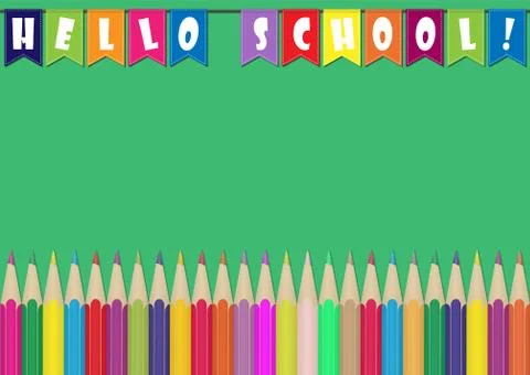 Set of colored Pencils and colored flags with the inscription Hello School. 스톡 일러스트