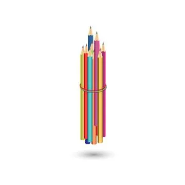 Set of colored pencils, bound together with colored rubber bands. Stock Illustration