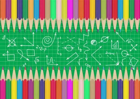 Set of colored Pencils on the edges of the school Board with diagrams and for Stock Illustration