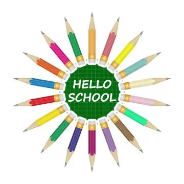 Set of colored pencils laid out around the inscription Hello school. 스톡 일러스트