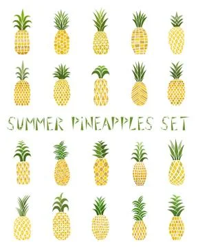 Set of colored pineapples. Big collection tropical fruits. Illustrazione stock