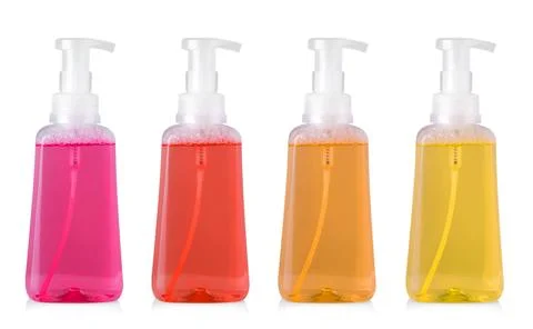 Set of colored plastic bottle with liquid laundry detergent, cleaning agent Stock Photos
