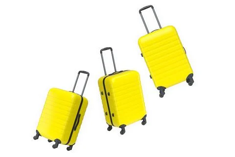 Set of colored plastic suitcases with handles and wheels lying diagonally iso Stock Illustration