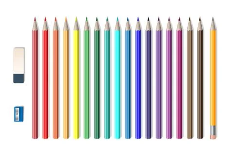 Set of colored realistic pencils with sharpener and eraser isolated on white Stock Illustration