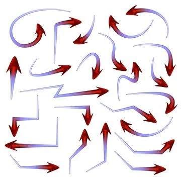 Set of colored red blue arrows pointers with soft turns isolated on white. Stock Illustration