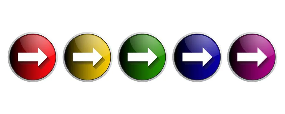 Set of colored round buttons with arrows. Glossy arrow buttons. Vector Stock Illustration