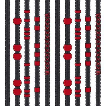 Set of colored seamless patterns with black dreadlocks and red jewelry. Stock Illustration