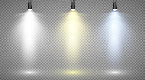 Set of colored searchlights on a transparent background. Bright lighting with Stock-Illustration